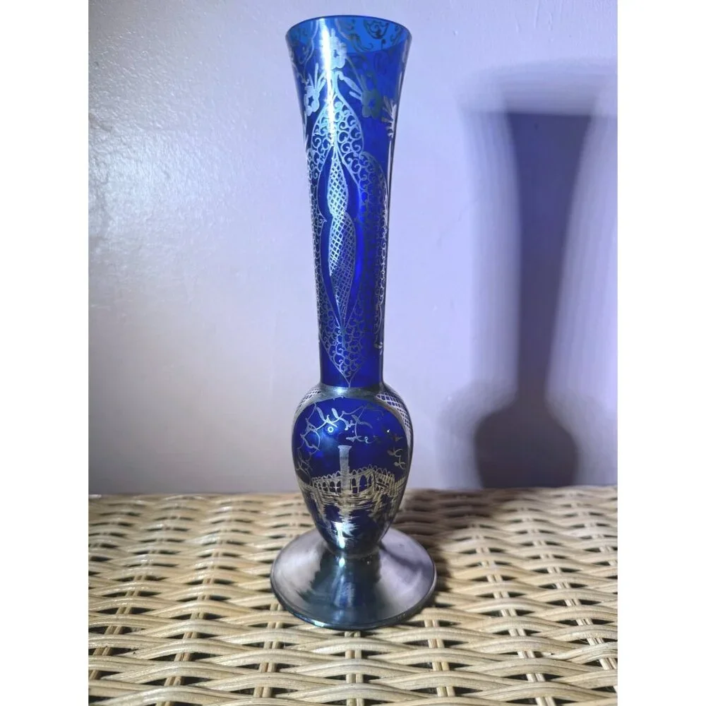 Vintage 50's Venetian Art Glass Bud Vase Blue Silver Overlay Gondola - Picture 11 of 11